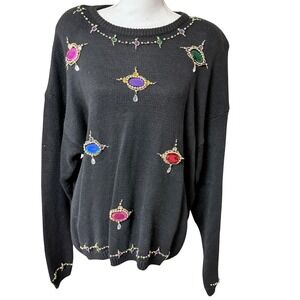 Vintage 90s Jeweled Sweater Black Ramie Cotton Women's XL‎ 42 Statement Knit